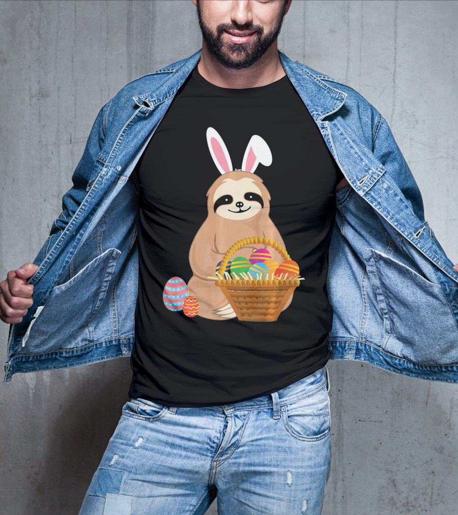 Easter Sloth Bunny With Colorful Eggs Basket T-Shirt