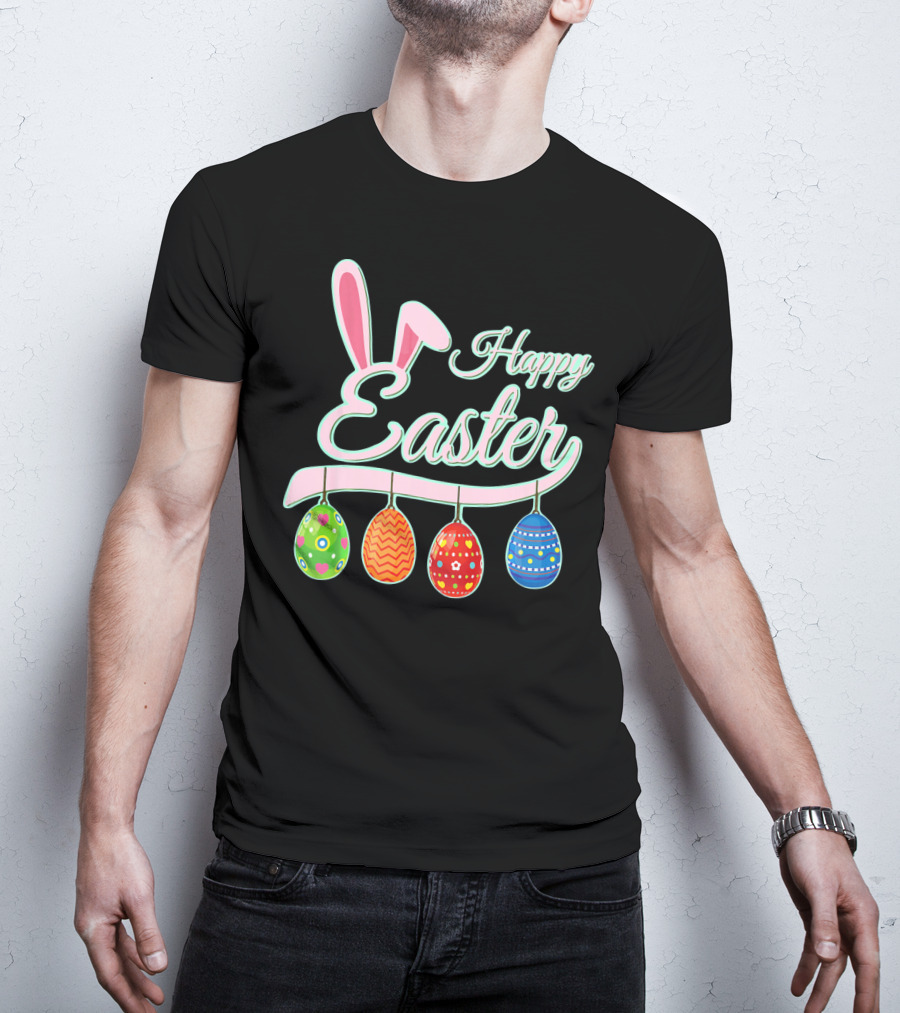 Happy Easter Bunny Ears Hanging Colorful Eggs T-Shirt