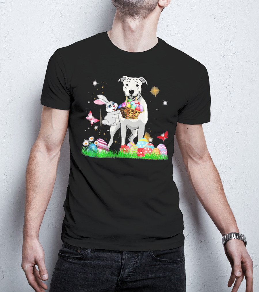Easter Day Dogo Argentino With Bunny Basket Of Eggs And Butterflies T-Shirt