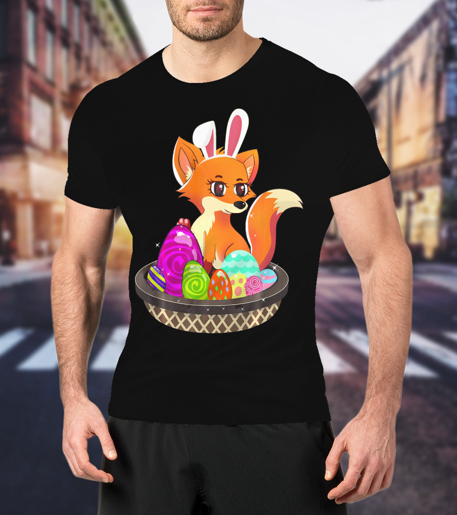 Easter Foxy Fox With Bunny Ears In Basket Of Colorful Eggs T-Shirt