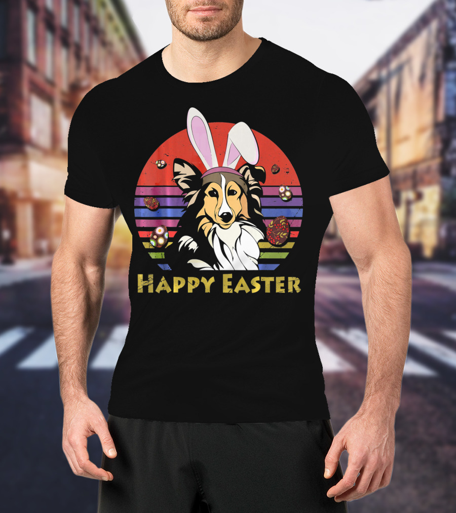 Happy Easter Shetland Sheepdog With Bunny Headband And Colorful Eggs T-Shirt