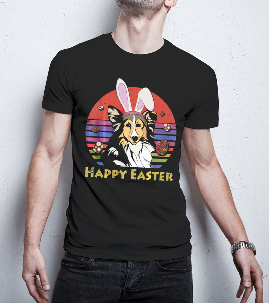 Happy Easter Shetland Sheepdog With Bunny Headband And Colorful Eggs T-Shirt