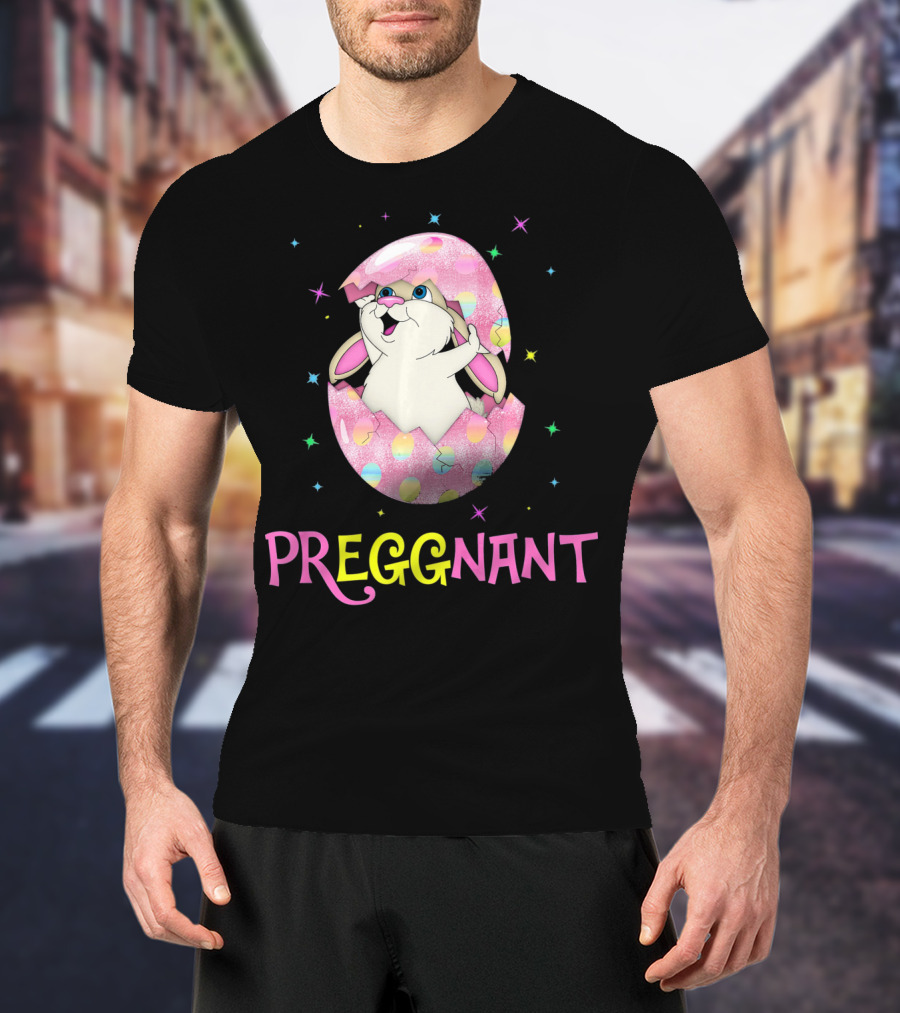 Preggnant Easter Bunny In Egg Shell With Stars T-Shirt