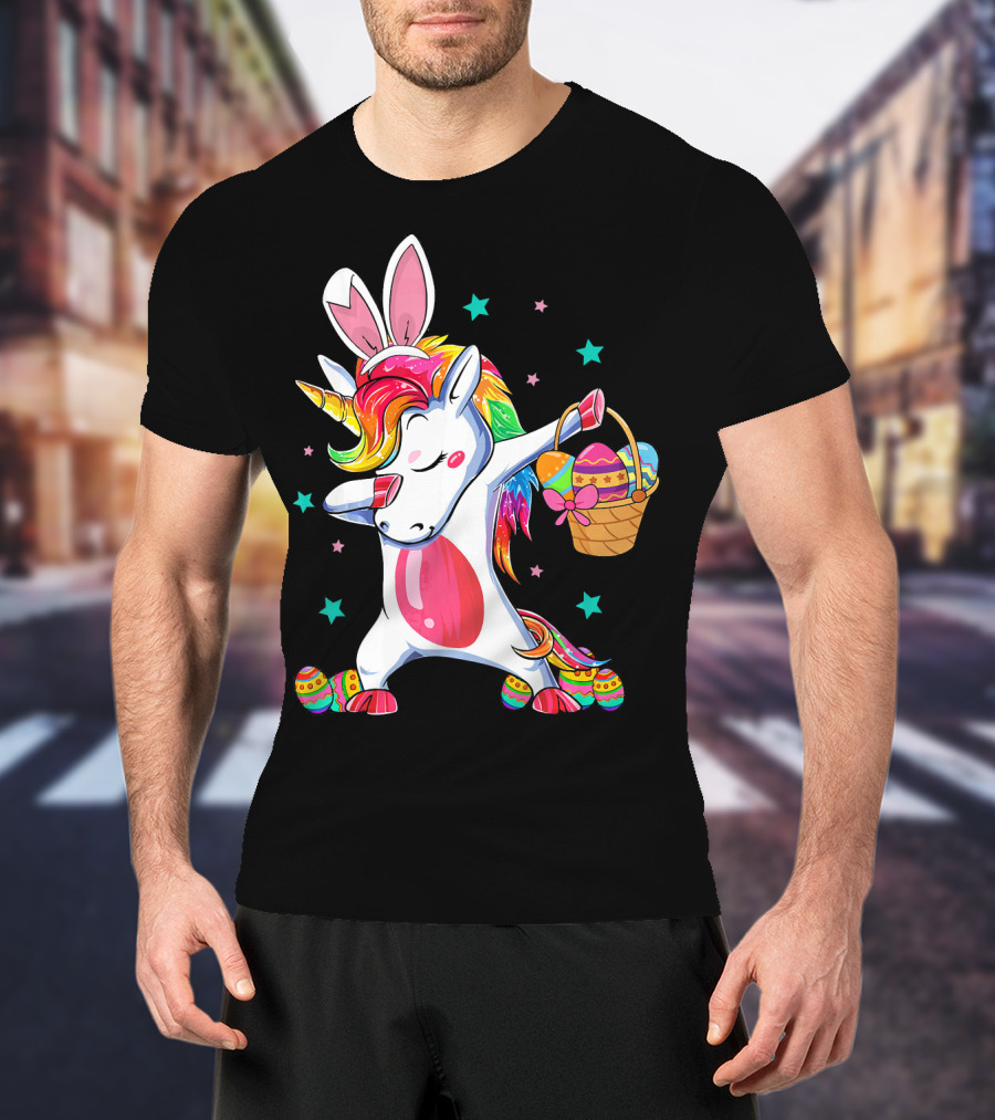Dabbing Bunny Unicorn With Easter Basket And Eggs Funny Easter Day T-Shirt