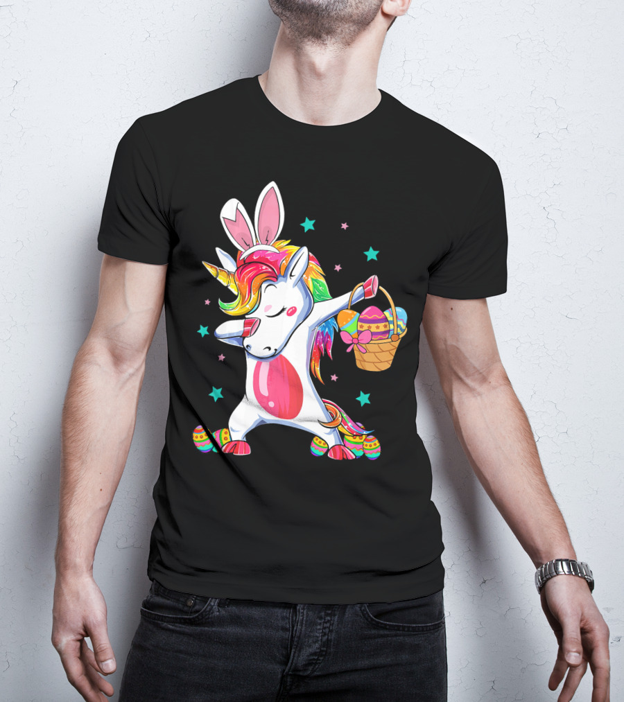 Dabbing Bunny Unicorn With Easter Basket And Eggs Funny Easter Day T-Shirt