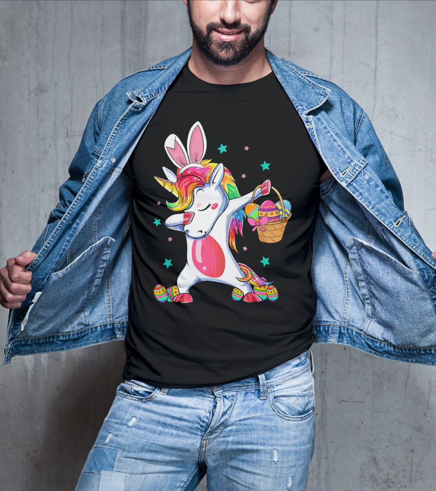 Dabbing Bunny Unicorn With Easter Basket And Eggs Funny Easter Day T-Shirt
