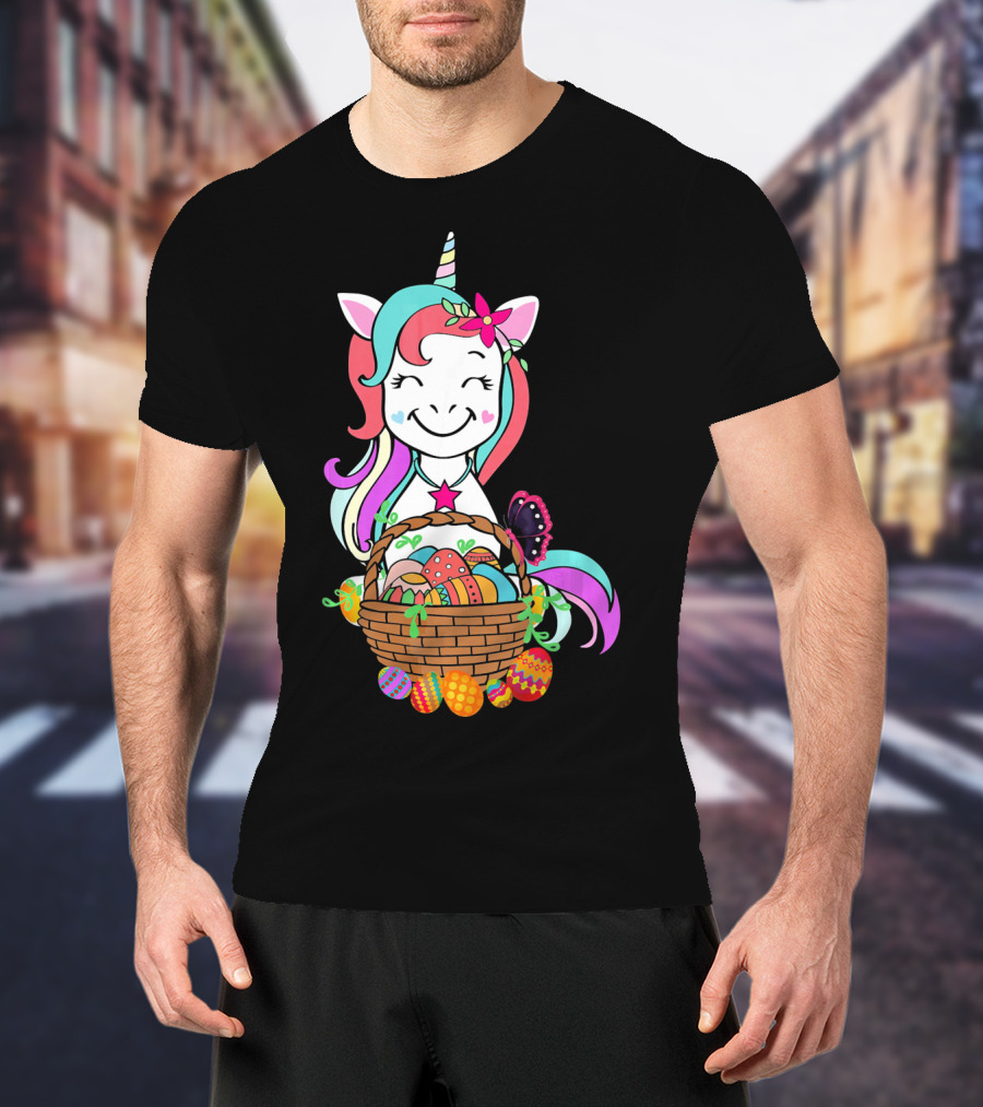 Unicorn Easter Basket With Colorful Eggs And Butterfly T-Shirt