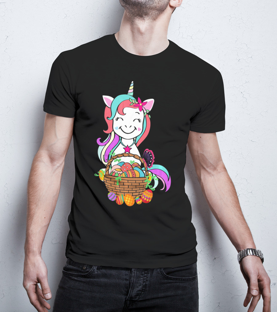 Unicorn Easter Basket With Colorful Eggs And Butterfly T-Shirt