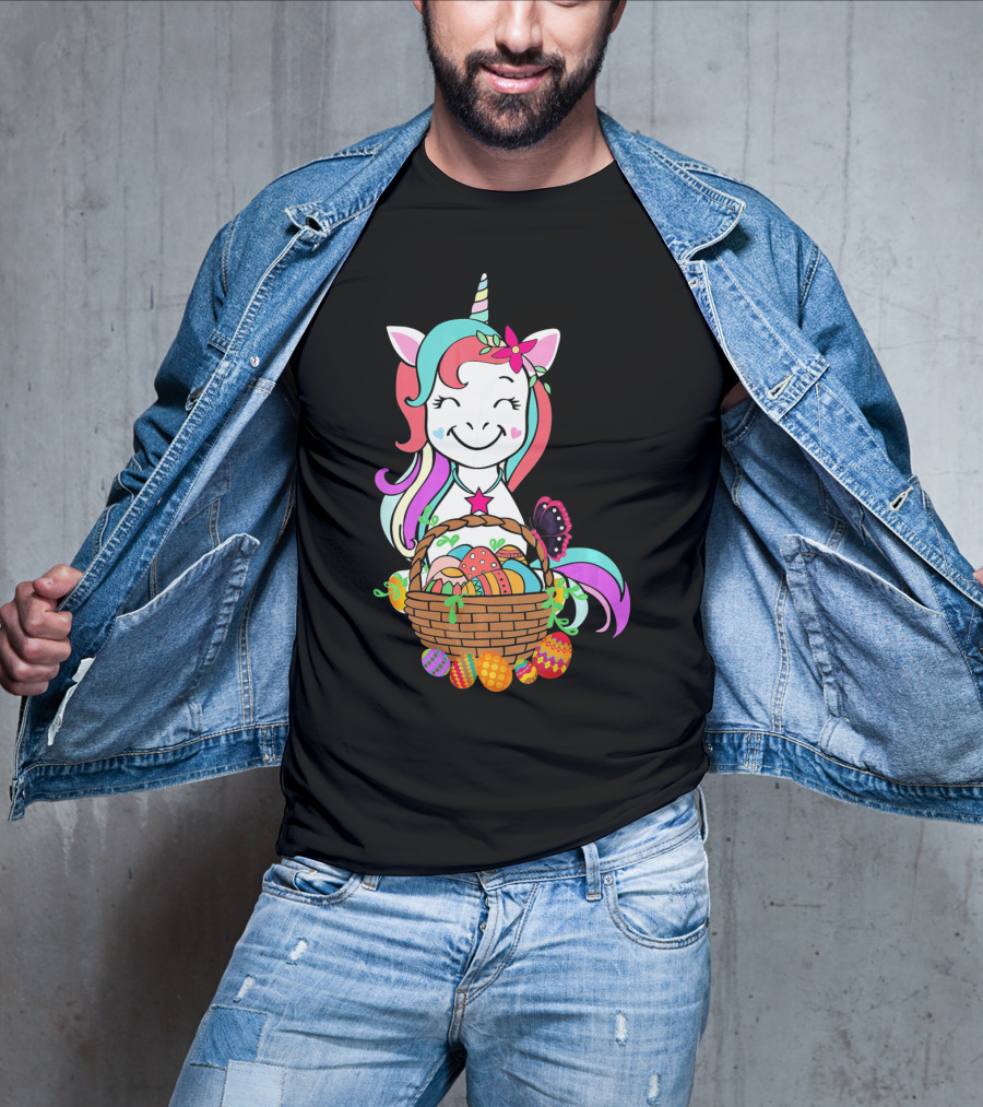 Unicorn Easter Basket With Colorful Eggs And Butterfly T-Shirt