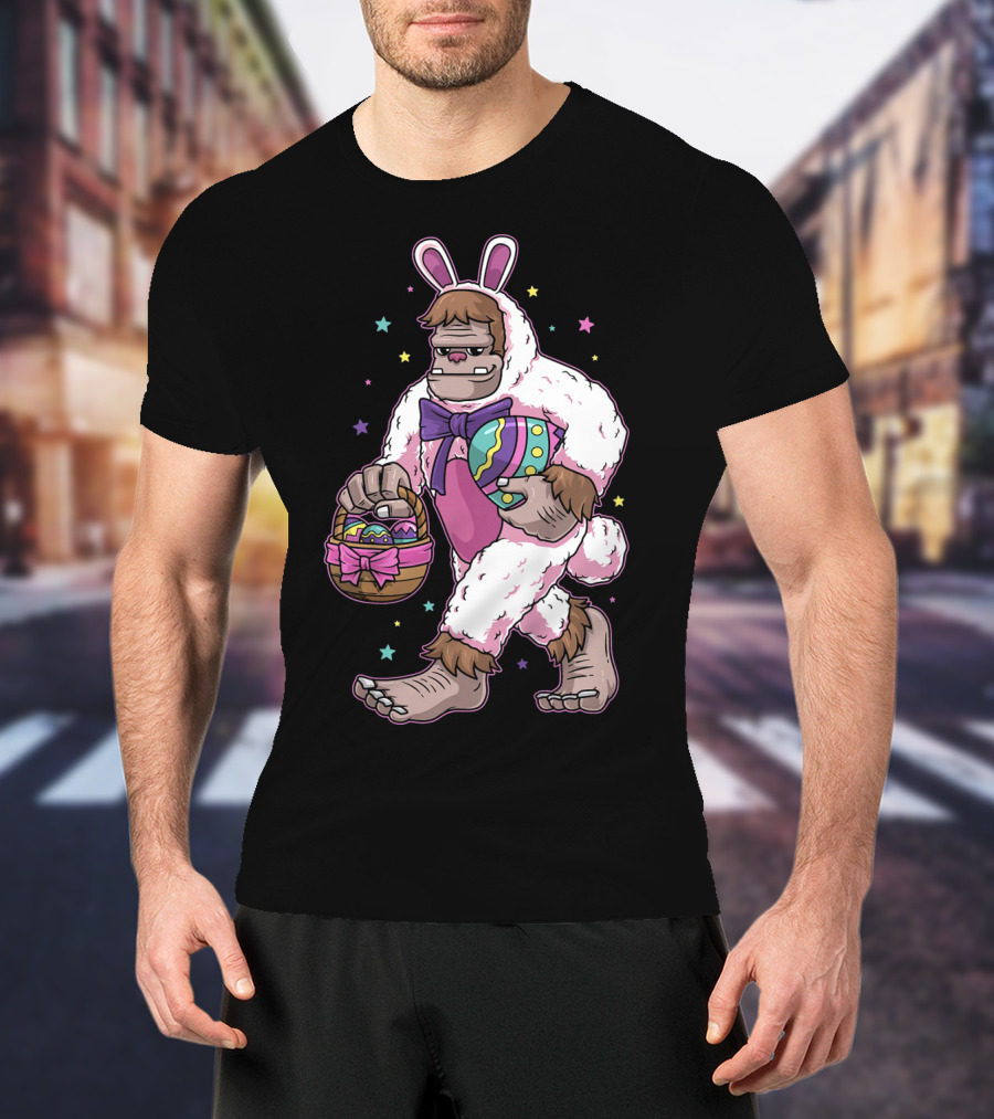 Kids Easter Bunny Bigfoot Sasquatch Basket Eggs Stars T-Shirt