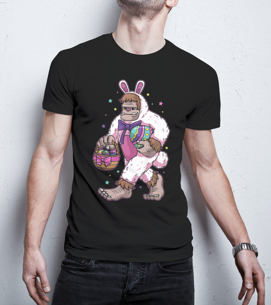 Kids Easter Bunny Bigfoot Sasquatch Basket Eggs Stars T-Shirt