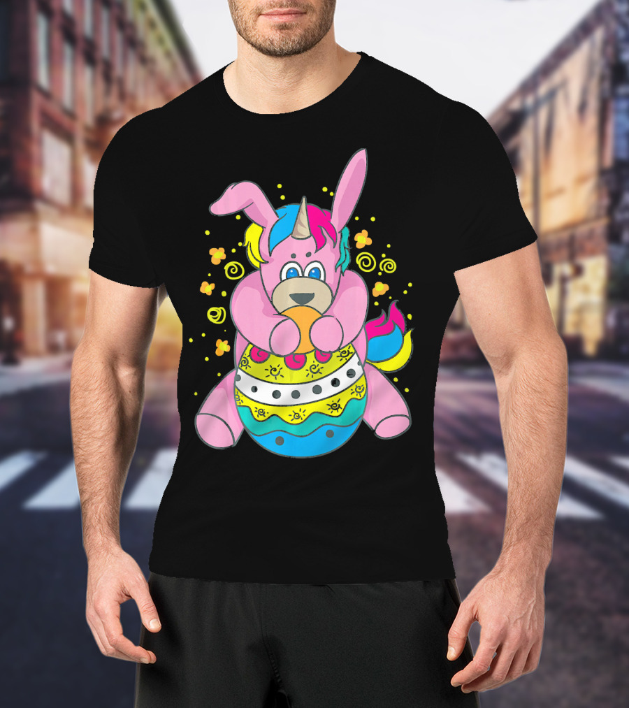 Bunny Unicorn Holding Easter Egg Surrounded By Flowers And Swirls T-Shirt