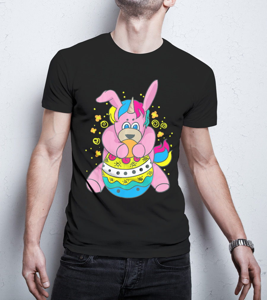 Bunny Unicorn Holding Easter Egg Surrounded By Flowers And Swirls T-Shirt