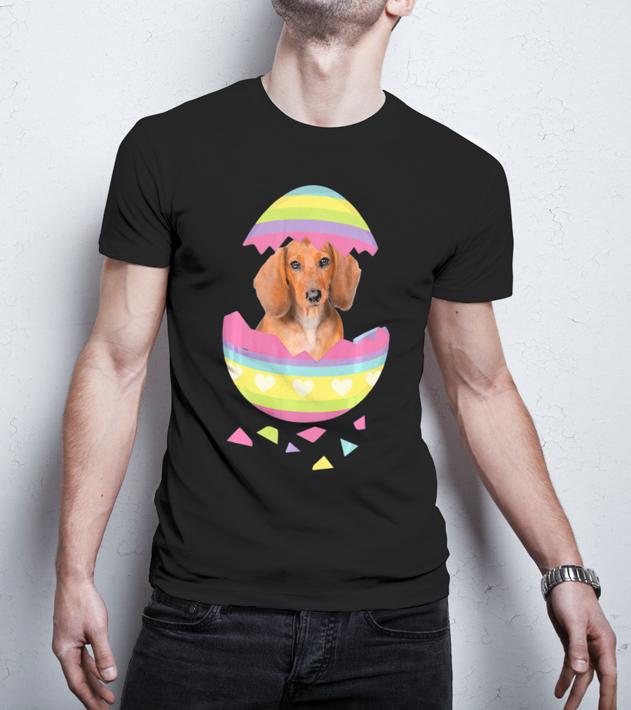 Dachshund In Colorful Easter Egg With Heart Stripes T-Shirt