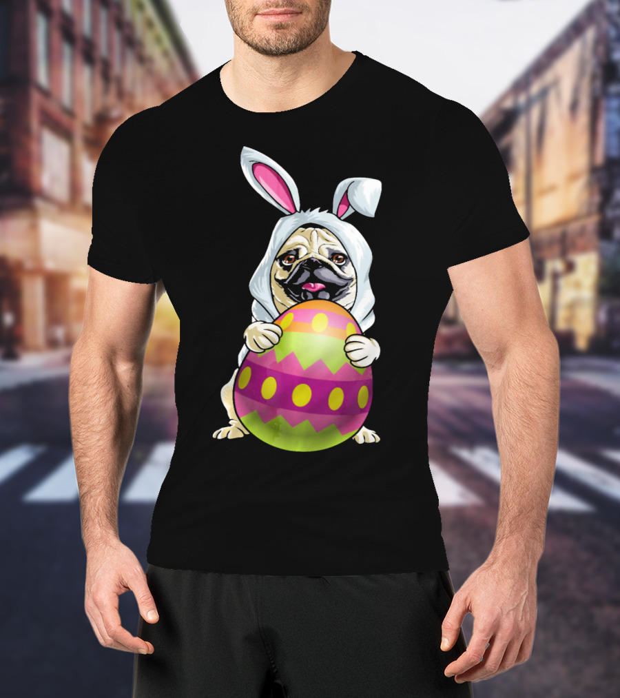 Pug Dressed As Easter Bunny Holding Colorful Easter Egg T-Shirt