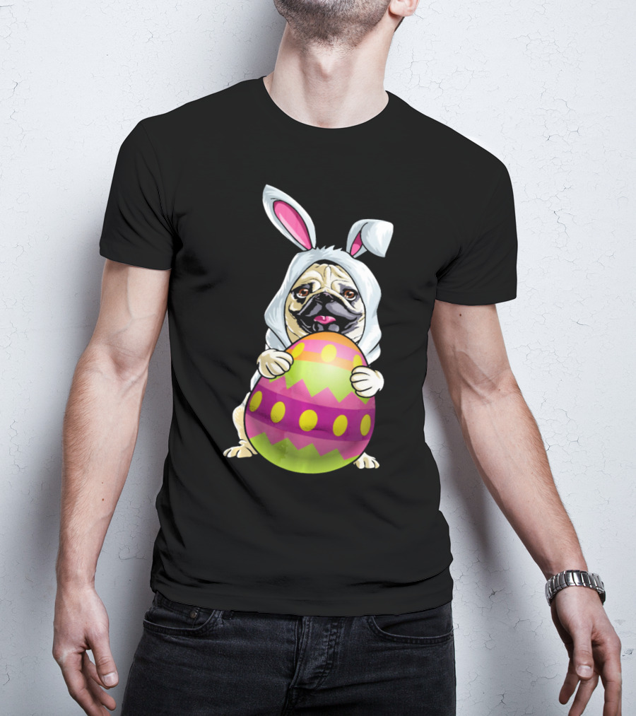 Pug Dressed As Easter Bunny Holding Colorful Easter Egg T-Shirt