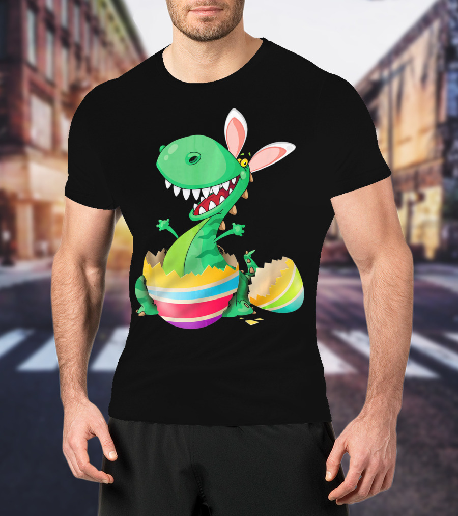 Easter Dinosaur Bunny Emerging From Striped Egg T-Shirt