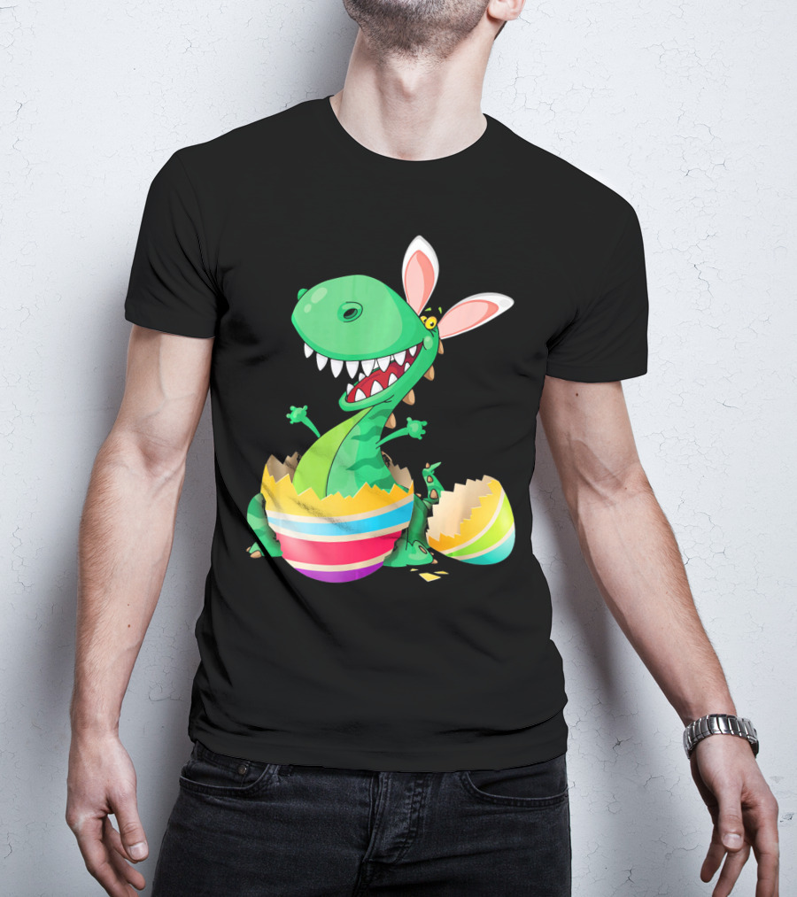 Easter Dinosaur Bunny Emerging From Striped Egg T-Shirt