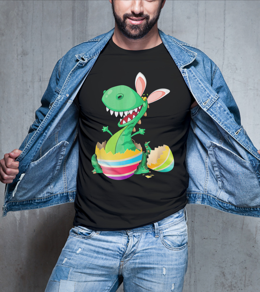 Easter Dinosaur Bunny Emerging From Striped Egg T-Shirt