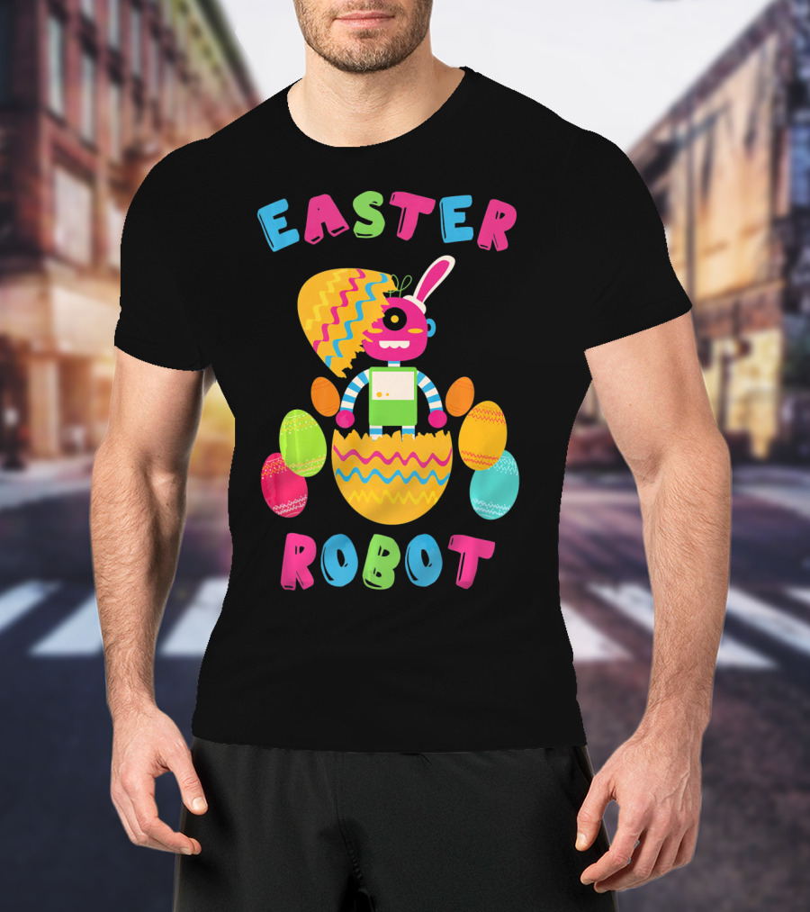 Easter Robot Bunny With Colorful Eggs T-Shirt