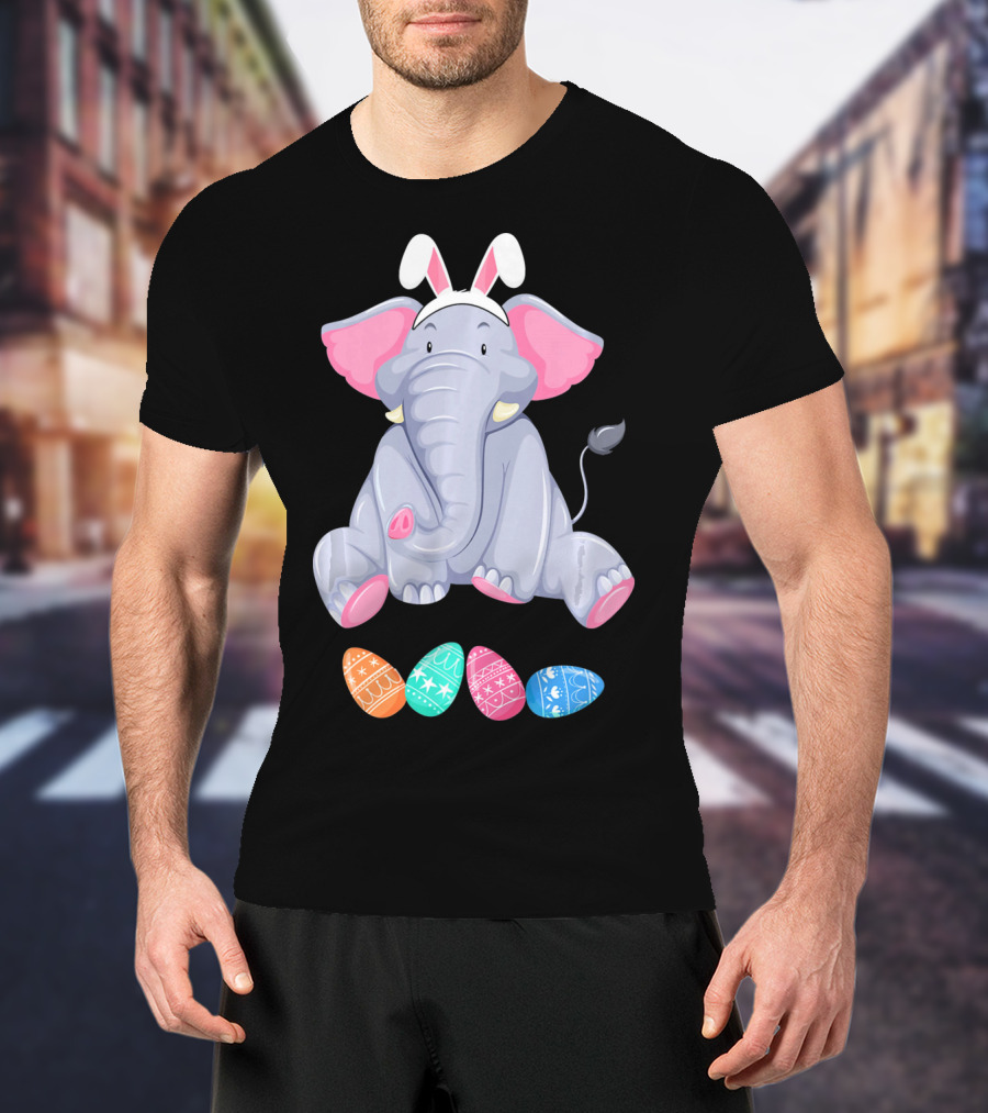 Funny Easter Elephant With Bunny Ears And Colorful Patterned Eggs T-Shirt