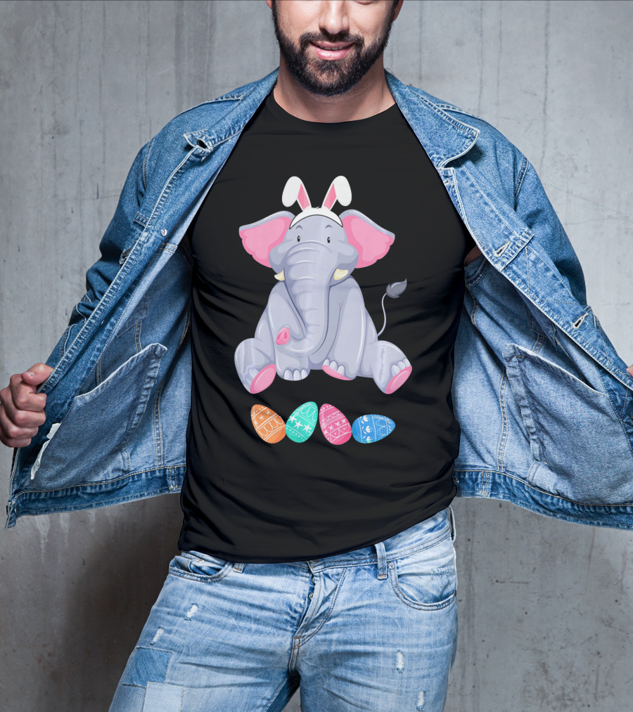 Funny Easter Elephant With Bunny Ears And Colorful Patterned Eggs T-Shirt