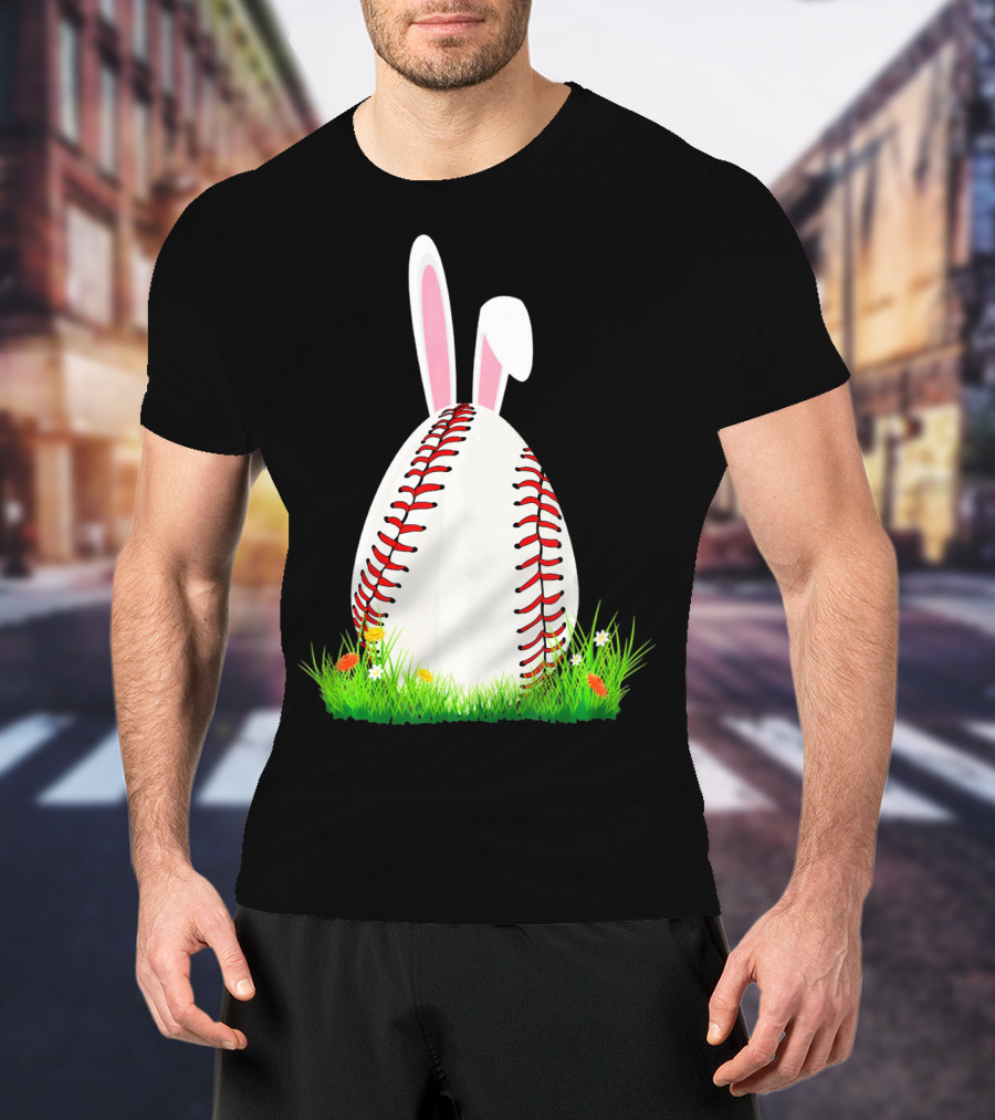 Cute Easter Bunny Baseball Egg With Ears On Grass T-Shirt