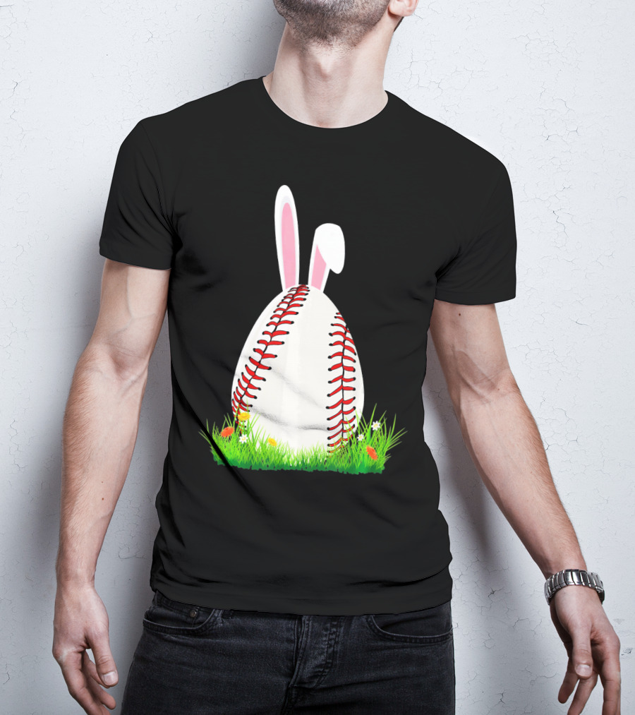 Cute Easter Bunny Baseball Egg With Ears On Grass T-Shirt