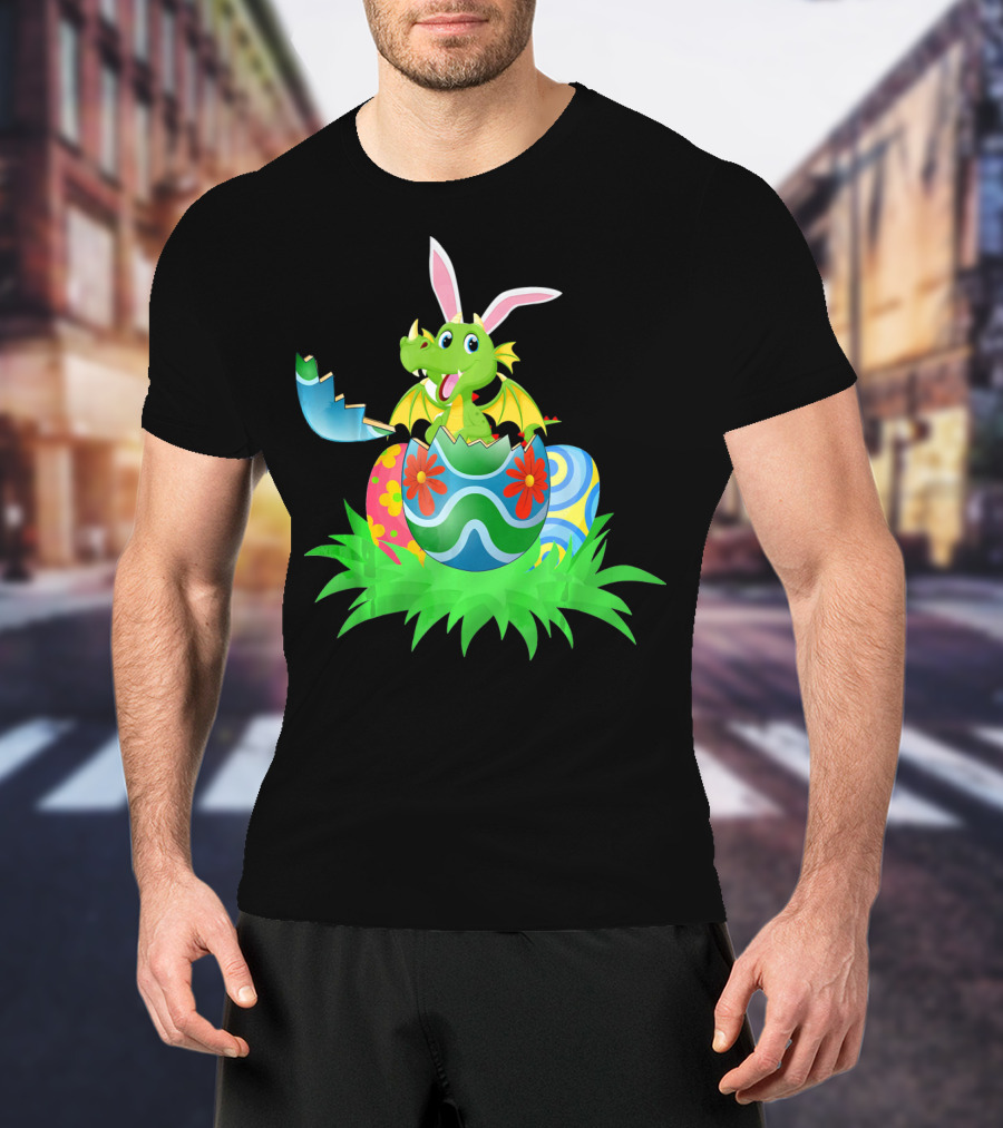 Easter Dragon Egg Hunt With Bunny Ears And Colorful Eggs In Grass T-Shirt