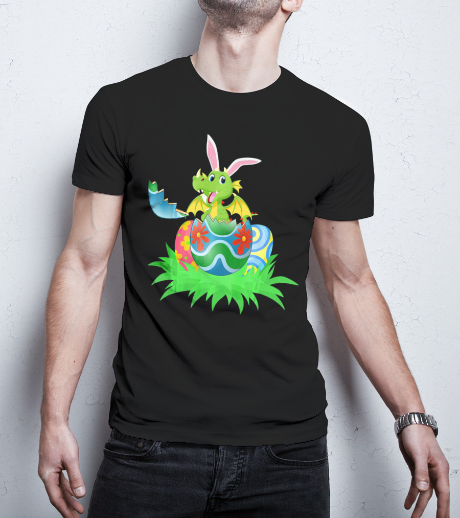 Easter Dragon Egg Hunt With Bunny Ears And Colorful Eggs In Grass T-Shirt