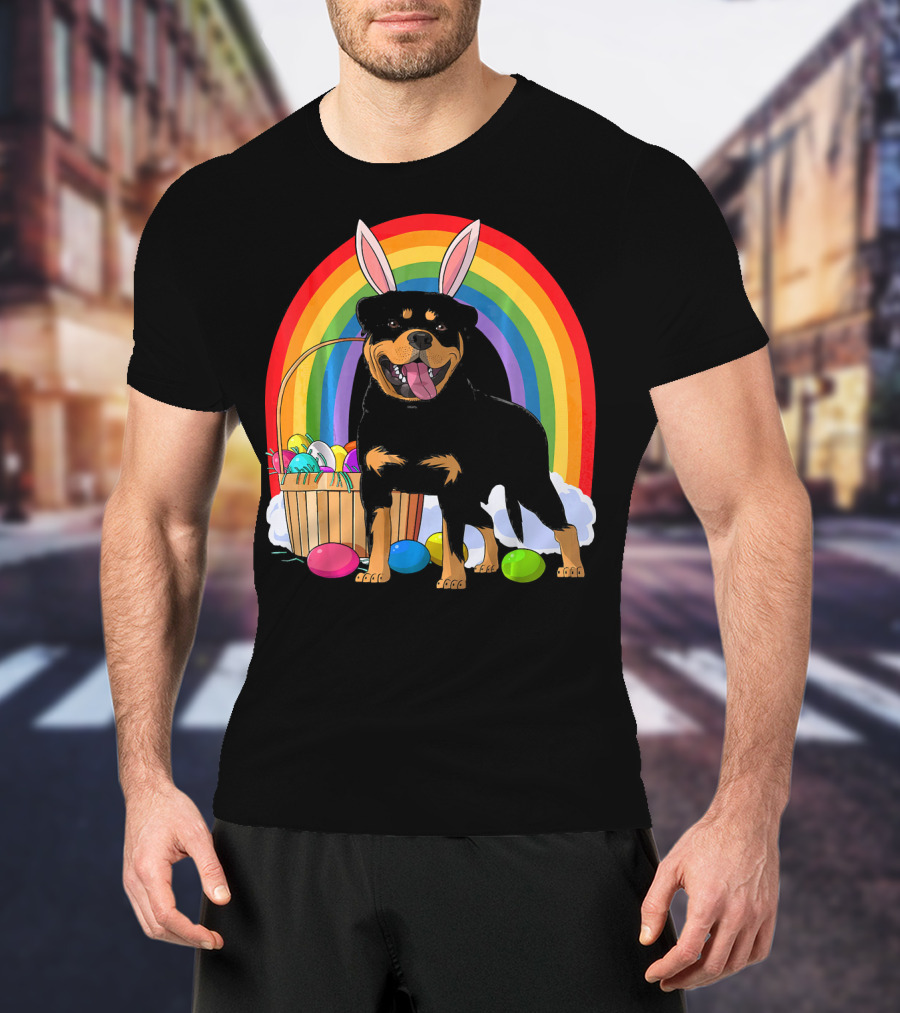Rottweiler Bunny With Easter Eggs And Rainbow T-Shirt
