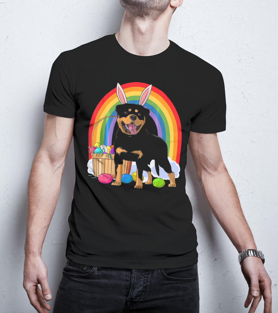 Rottweiler Bunny With Easter Eggs And Rainbow T-Shirt