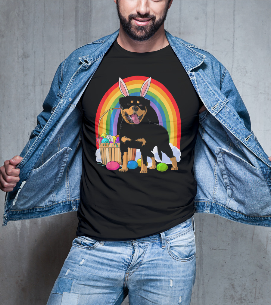 Rottweiler Bunny With Easter Eggs And Rainbow T-Shirt