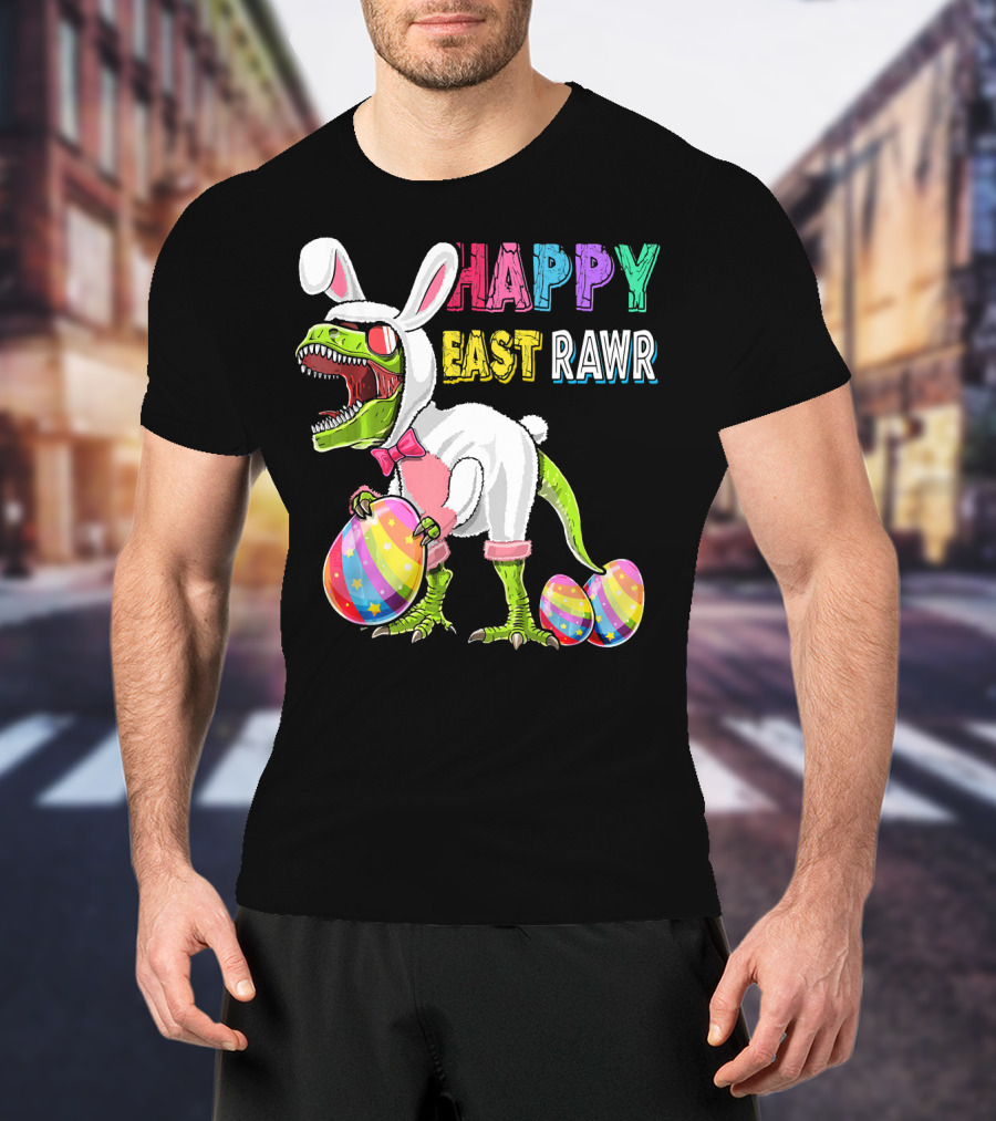 Happy Eastrawr Rex Dinosaur Easter Bunny Costume With Colorful Eggs T-Shirt