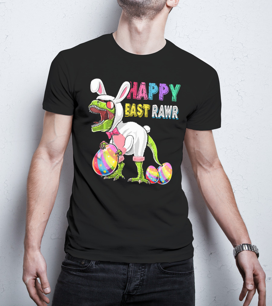 Happy Eastrawr Rex Dinosaur Easter Bunny Costume With Colorful Eggs T-Shirt