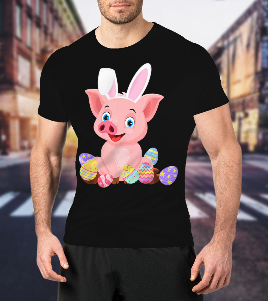 Pig Wearing Bunny Ears Surrounded By Colorful Easter Eggs T-Shirt