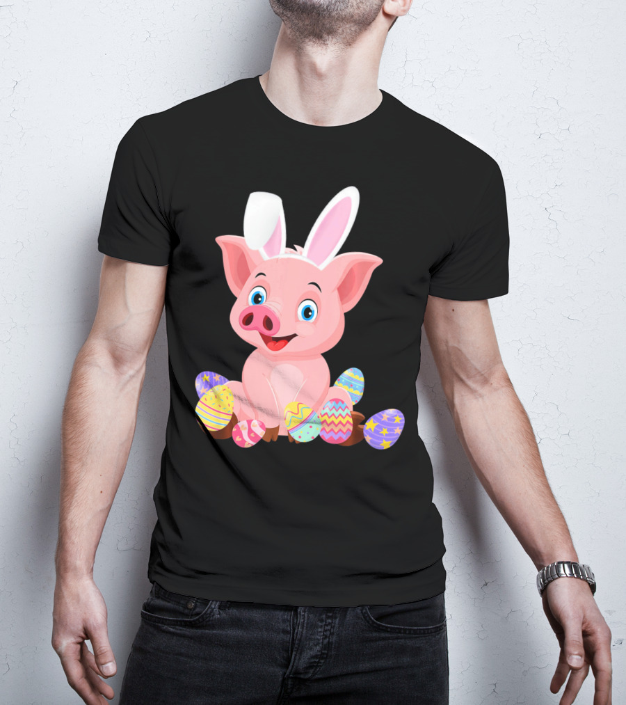 Pig Wearing Bunny Ears Surrounded By Colorful Easter Eggs T-Shirt