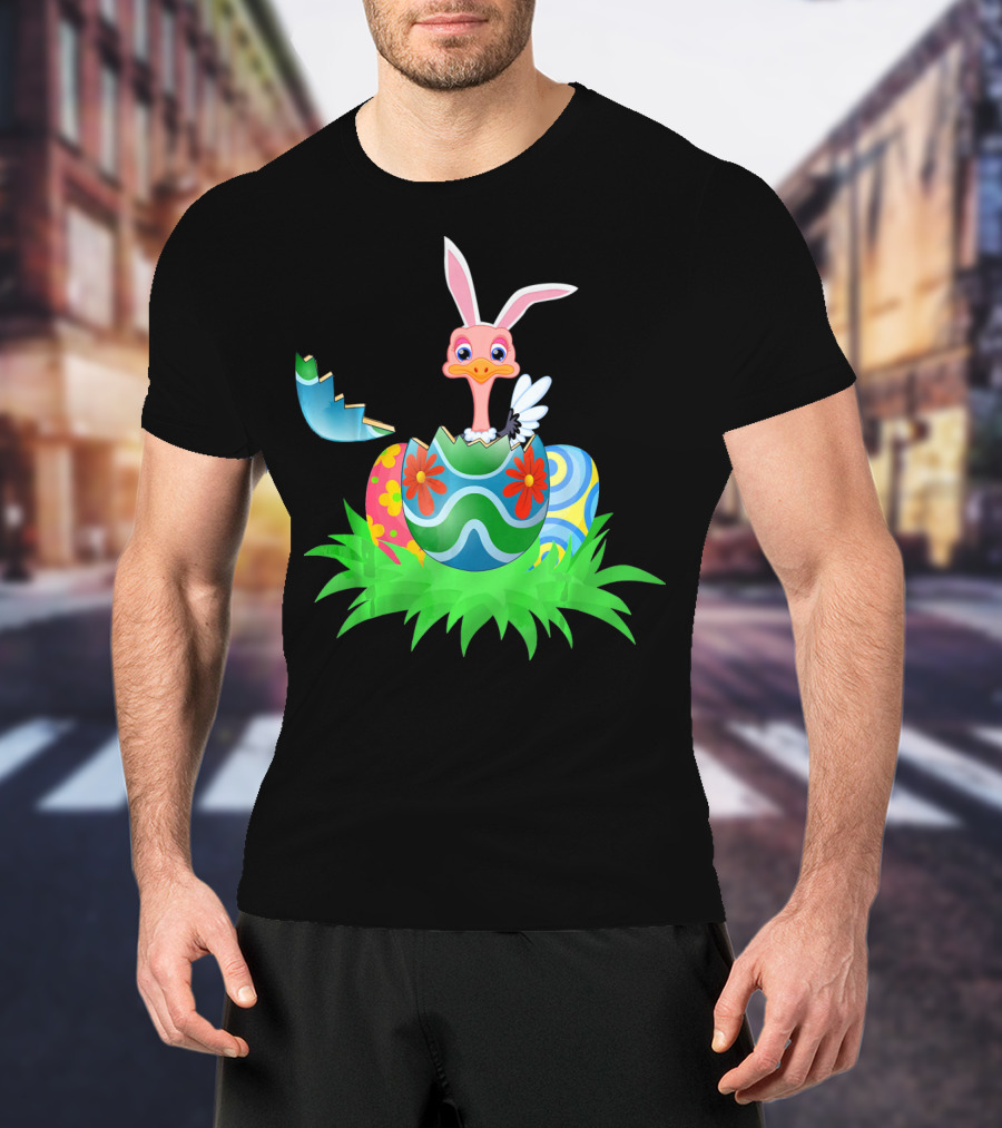 Easter Ostrich Hatching From Colorful Easter Egg With Bunny Ears And Flowers T-Shirt