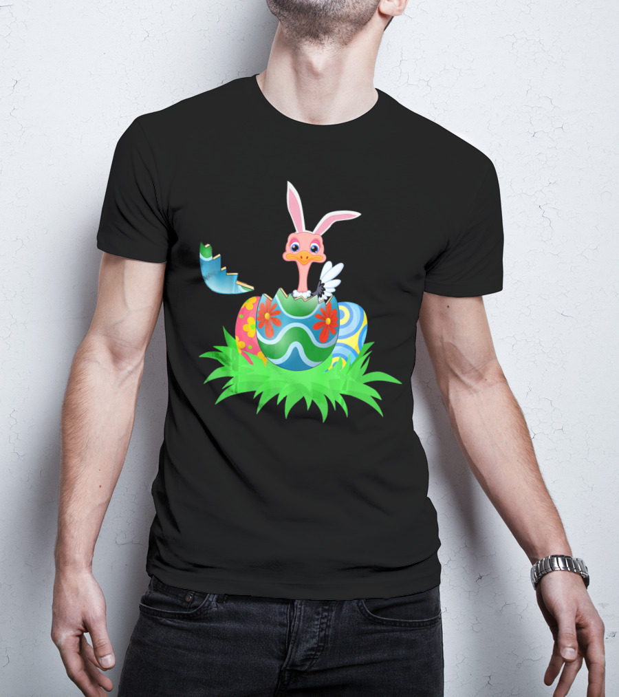 Easter Ostrich Hatching From Colorful Easter Egg With Bunny Ears And Flowers T-Shirt