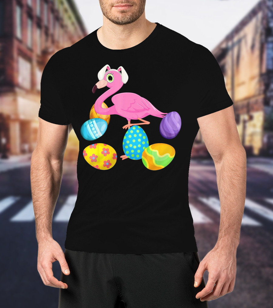 Flamingo Bunny Rabbit Hat With Colorful Easter Eggs Playing Easter T-Shirt