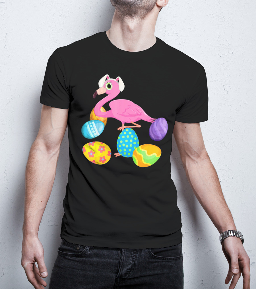 Flamingo Bunny Rabbit Hat With Colorful Easter Eggs Playing Easter T-Shirt