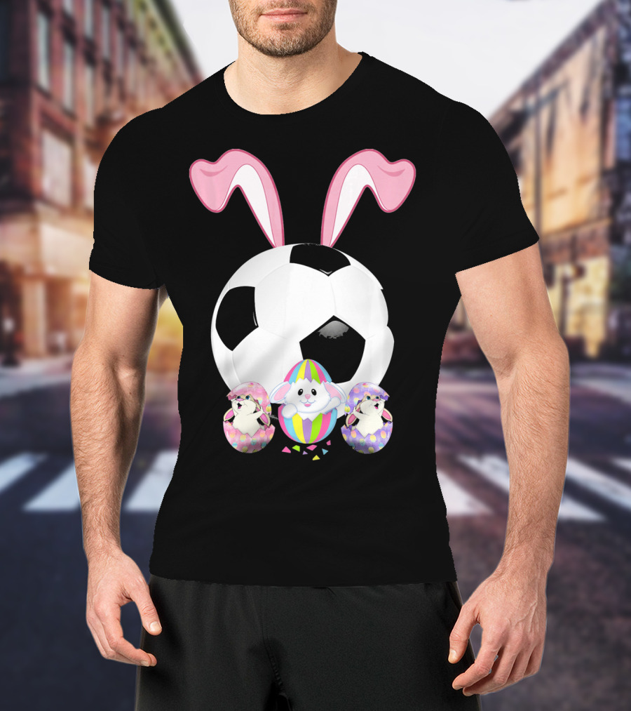 Soccer Easter Bunny Egg With Pink Ears And Colorful Easter Eggs T-Shirt