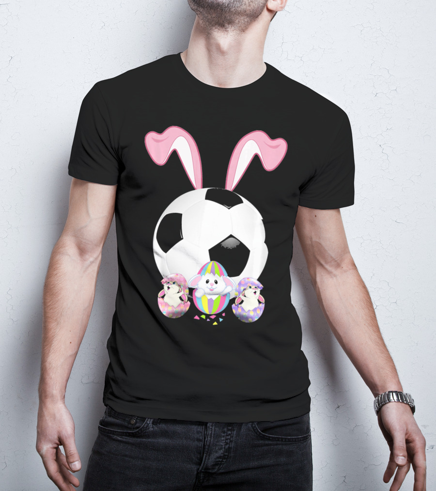 Soccer Easter Bunny Egg With Pink Ears And Colorful Easter Eggs T-Shirt