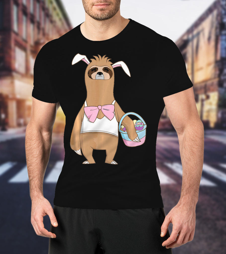 Sloth Easter Bunny Lazy Rabbit With Basket Of Eggs T-Shirt