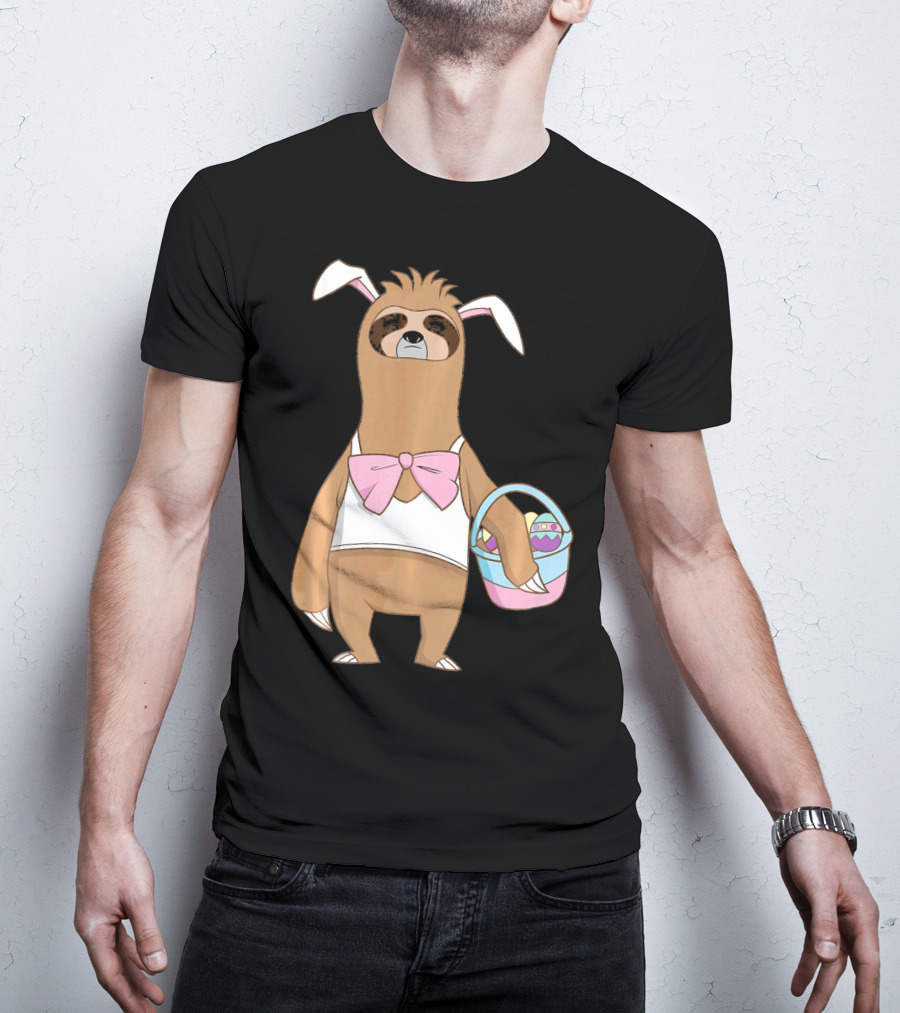 Sloth Easter Bunny Lazy Rabbit With Basket Of Eggs T-Shirt