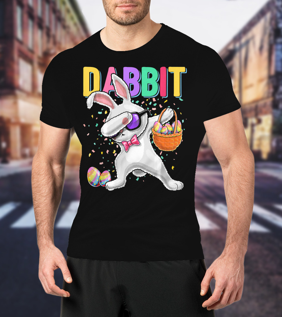 Dabbit Dabbing Easter Bunny With Eggs Basket And Confetti T-Shirt