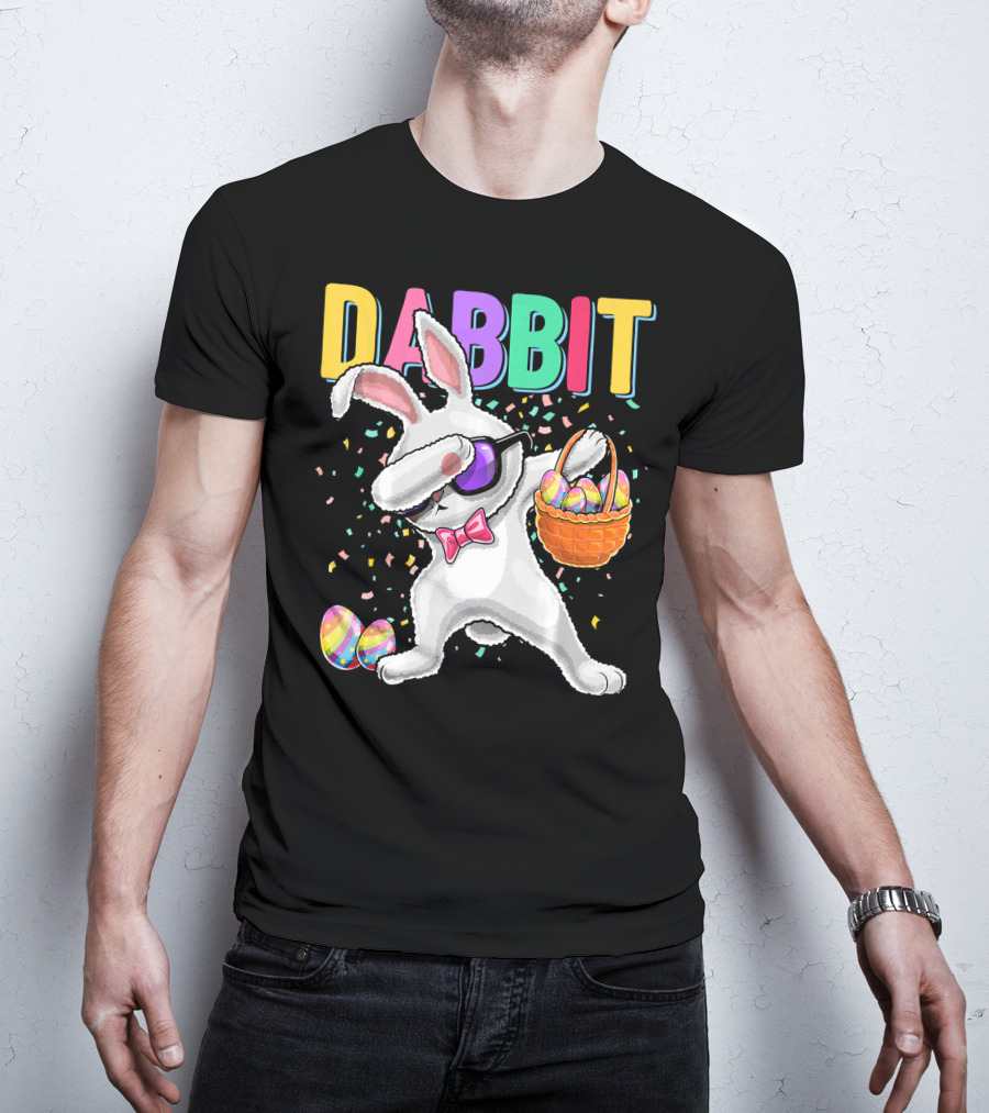 Dabbit Dabbing Easter Bunny With Eggs Basket And Confetti T-Shirt