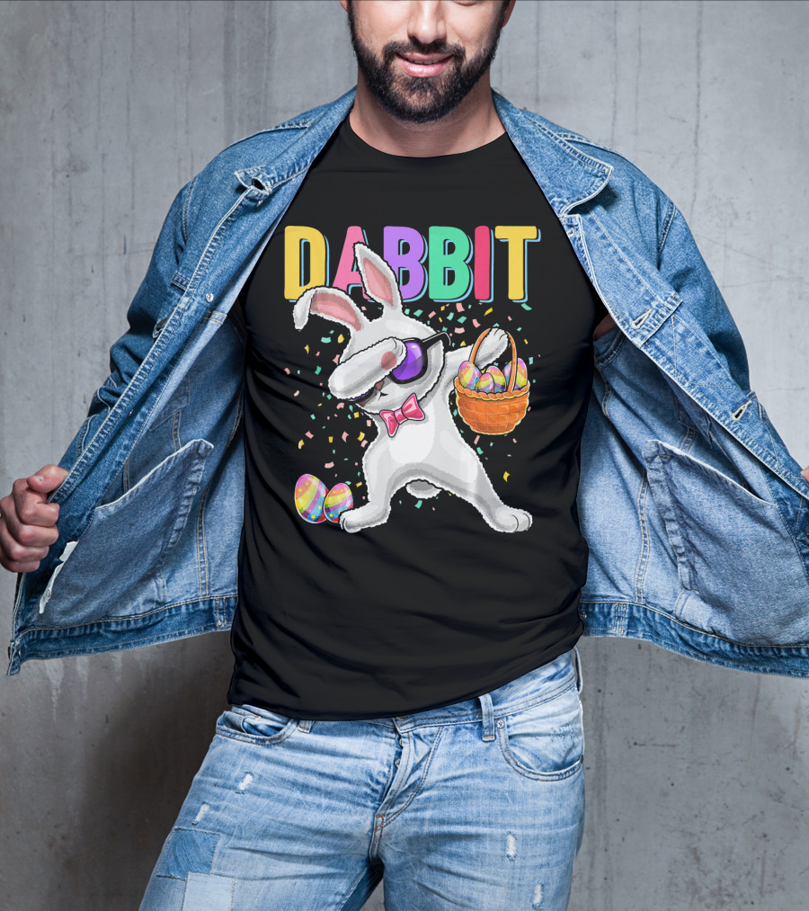 Dabbit Dabbing Easter Bunny With Eggs Basket And Confetti T-Shirt