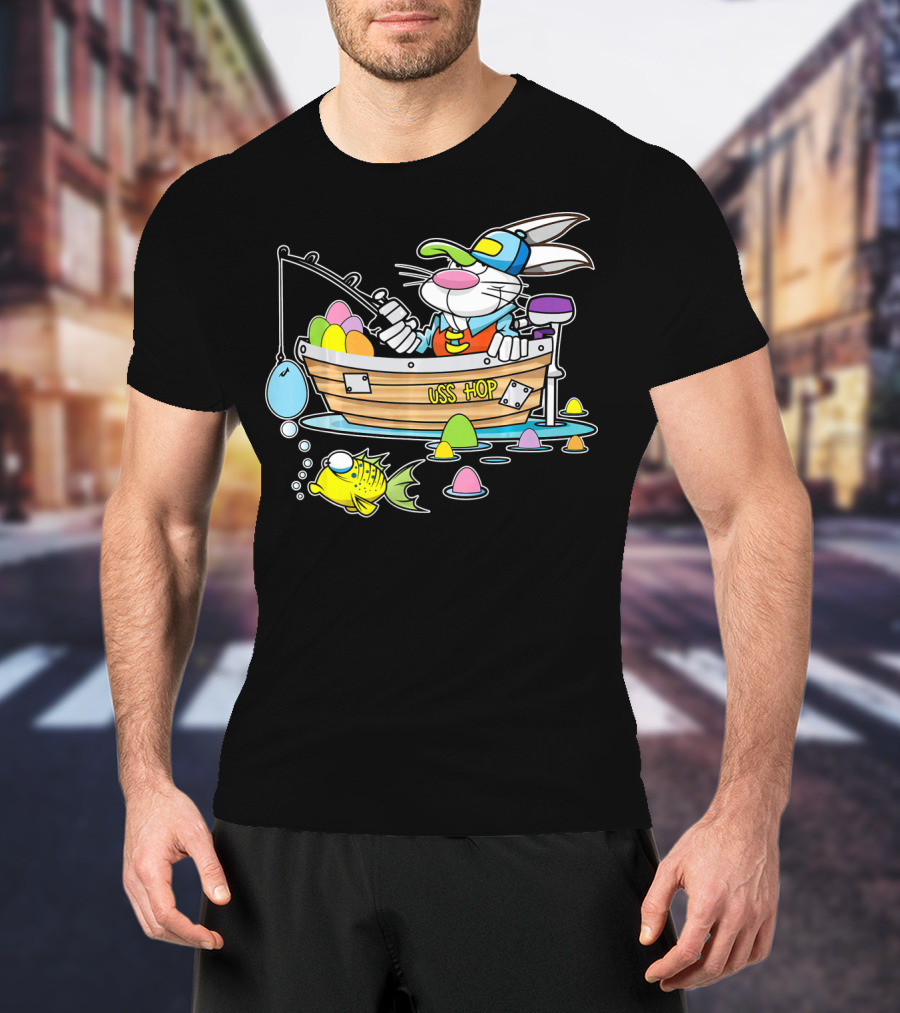 Fun Easter Bunny Fishing USS Hop With Eggs And Colorful Fish T-Shirt