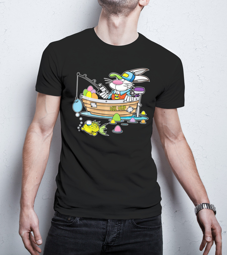 Fun Easter Bunny Fishing USS Hop With Eggs And Colorful Fish T-Shirt